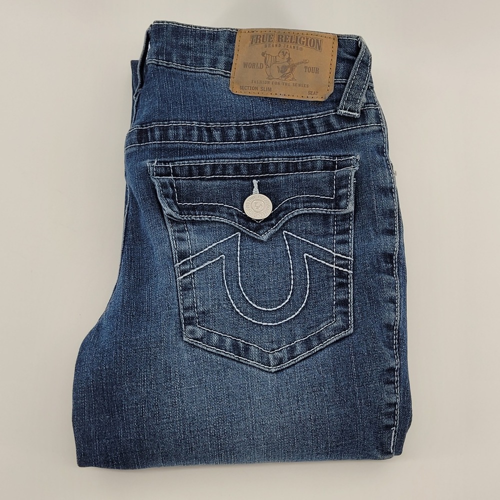 True Religion Section Slim Jeans Girls Size 12 Blue Denim Flap Pocket Stitching‎
